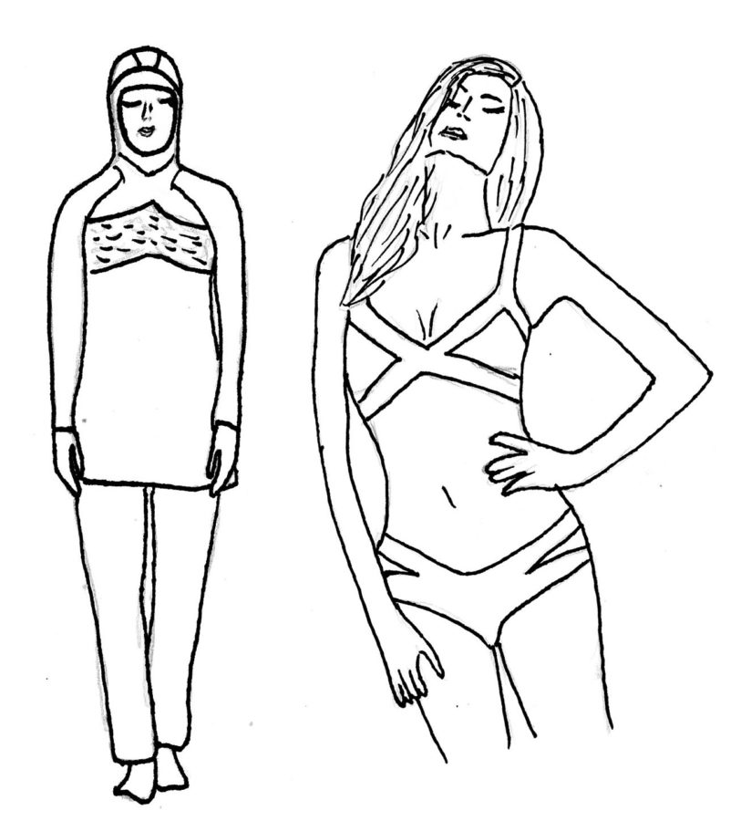 In France, women can walk on the beach in skimpy suits, but modest coverings have been deemed dangerous.