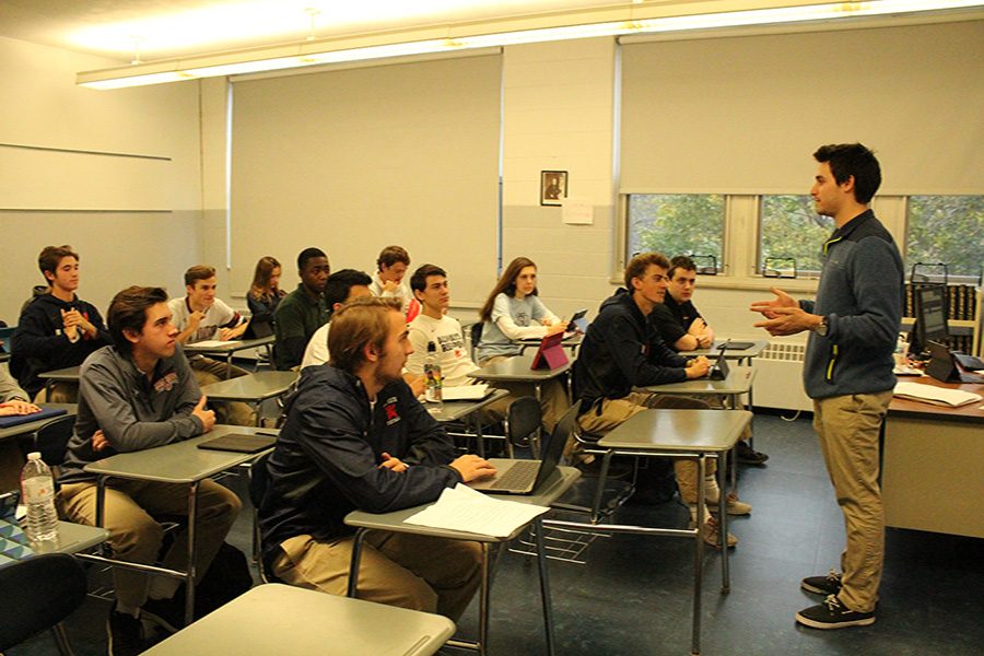 New teacher Mr. Jeff Cicurel lectures in one of his English classes.