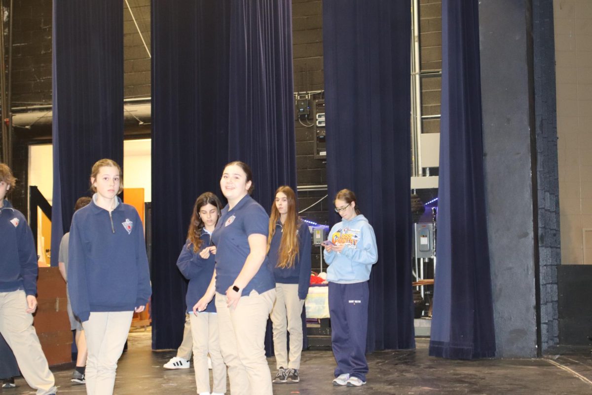Freshmen Marin Janiak and Angela Grbevski wait for their scene. 